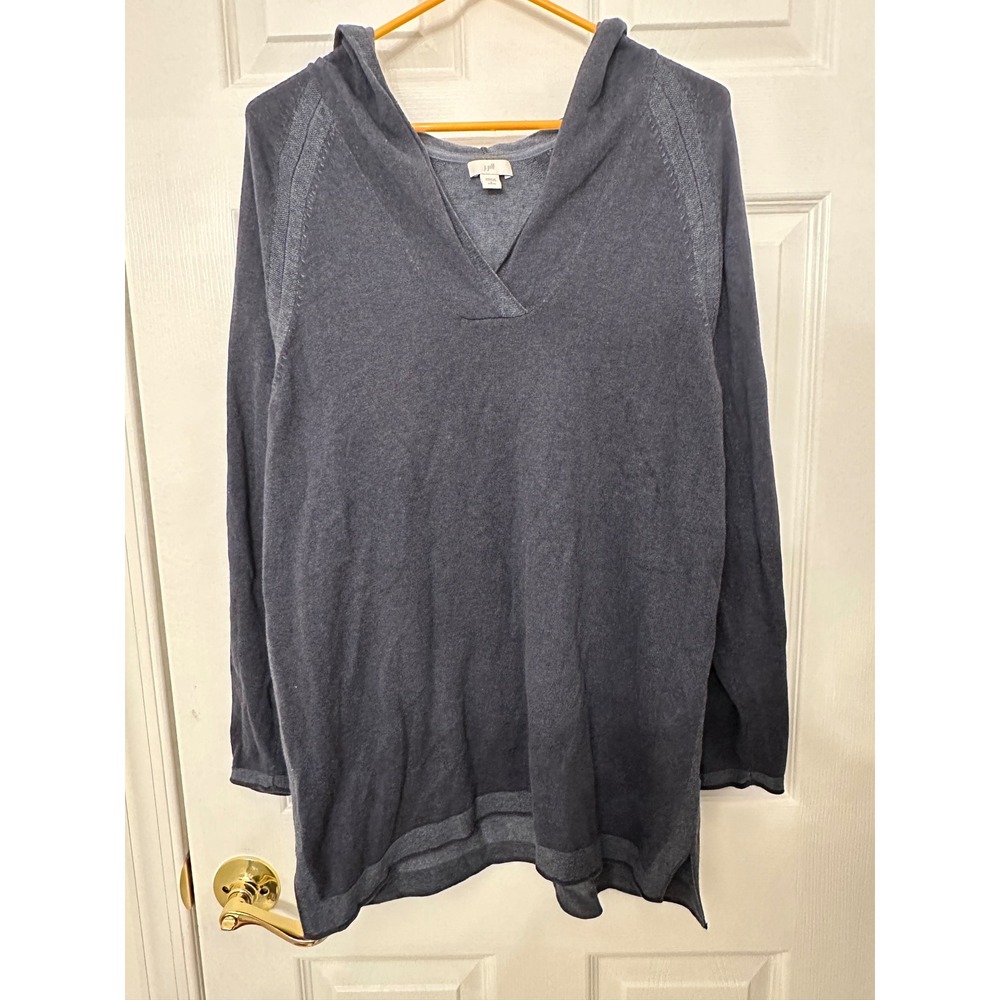 J.Jill Blue Hooded Sweater Tunic Cotton Blend V-Neck Long Sleeve Petite Large